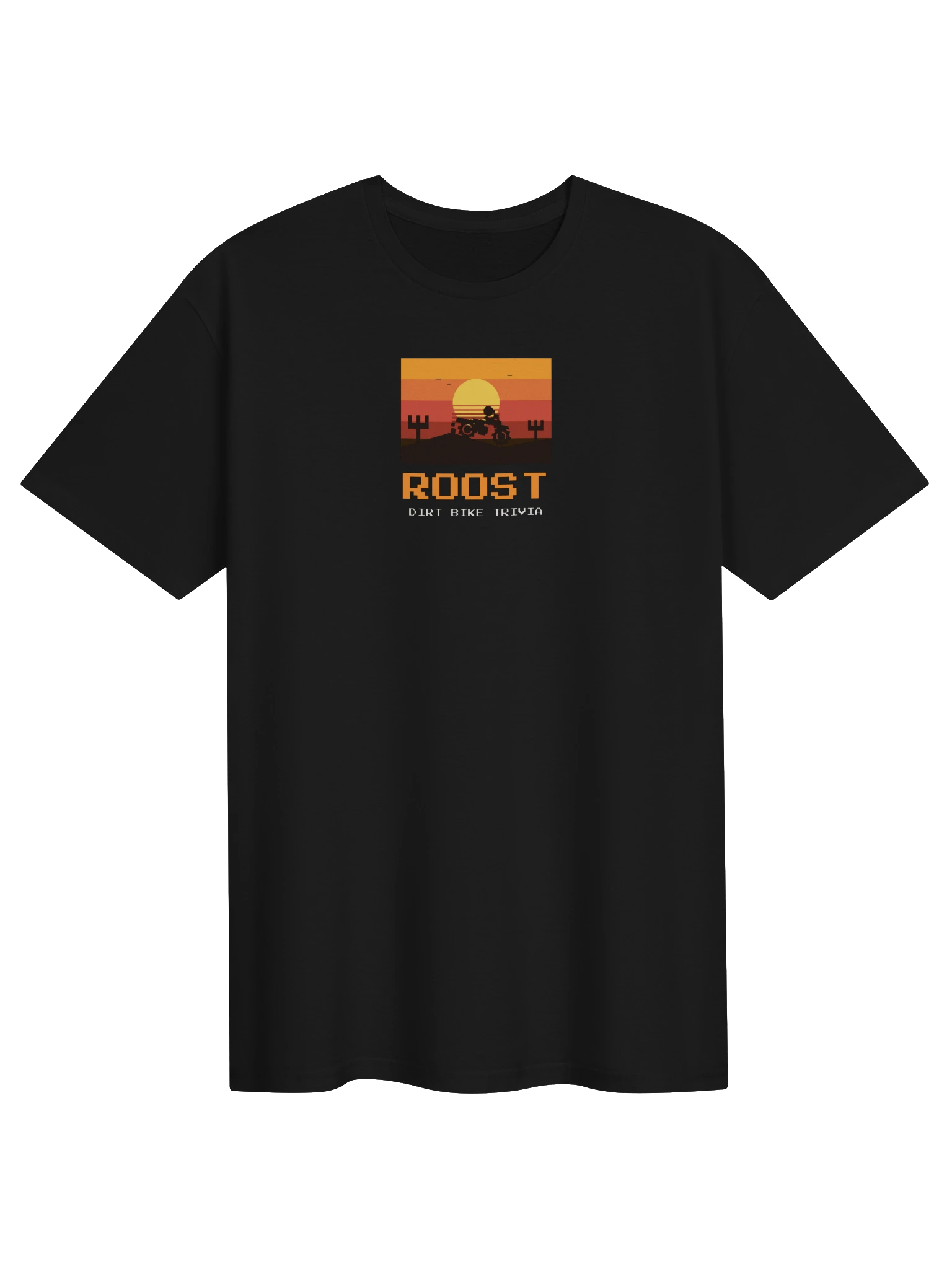 Black t-shirt with retro sunset jump scene and ROOST lettering