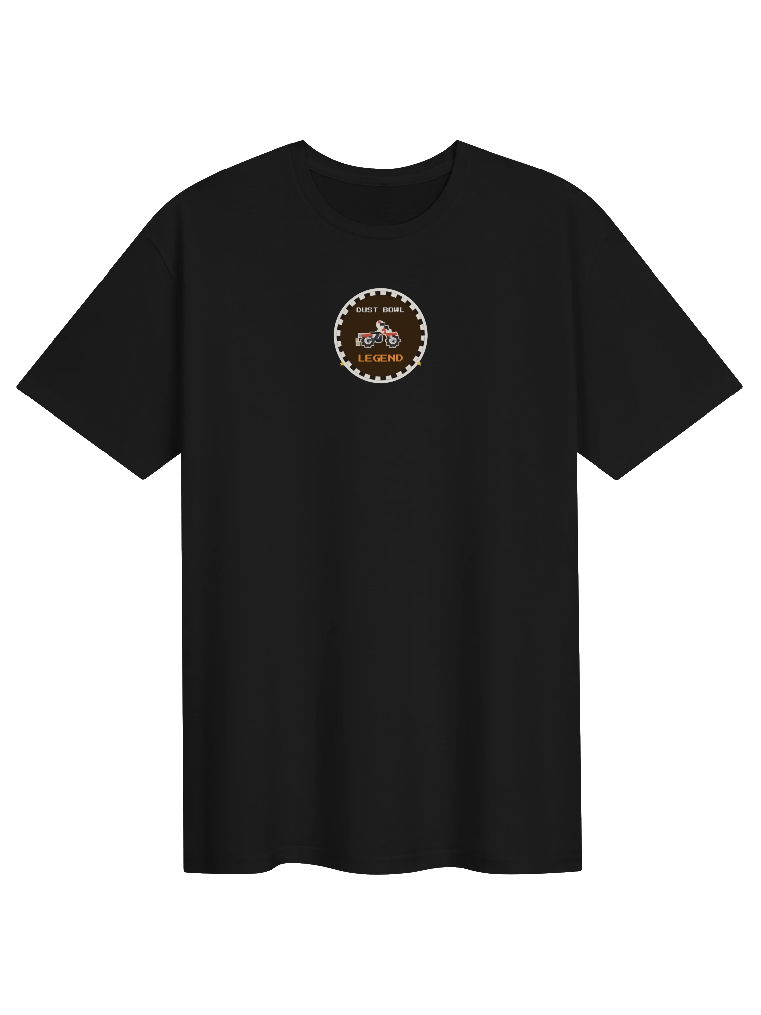 Black t-shirt with DUST BOWL LEGEND checkered badge