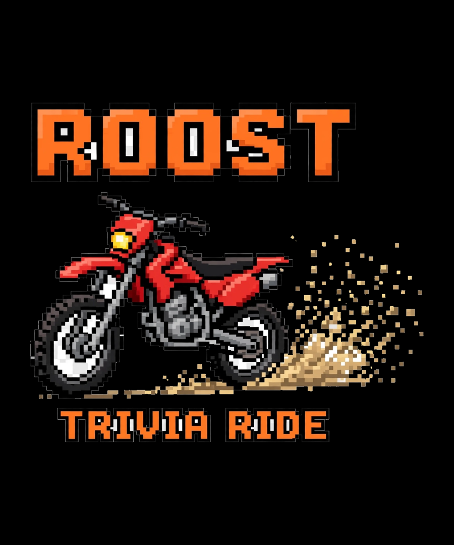 Black t-shirt with pixel-art red dirt bike, ROOST and Trivia Ride lettering